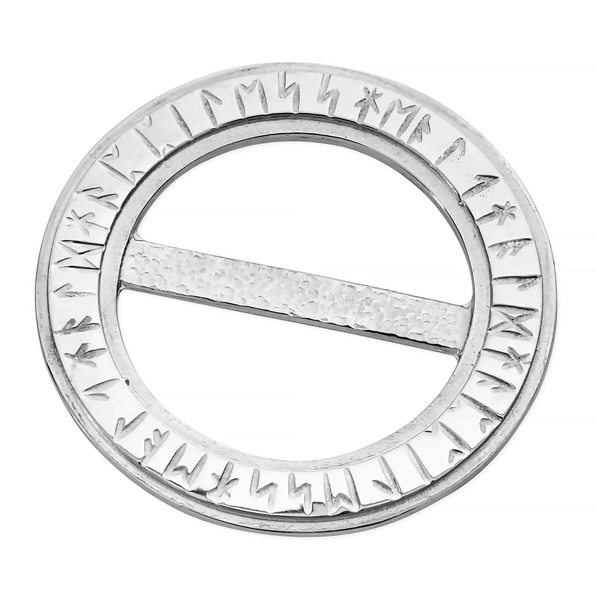 A small round pewter brooch with hammered details and engraved runic writing