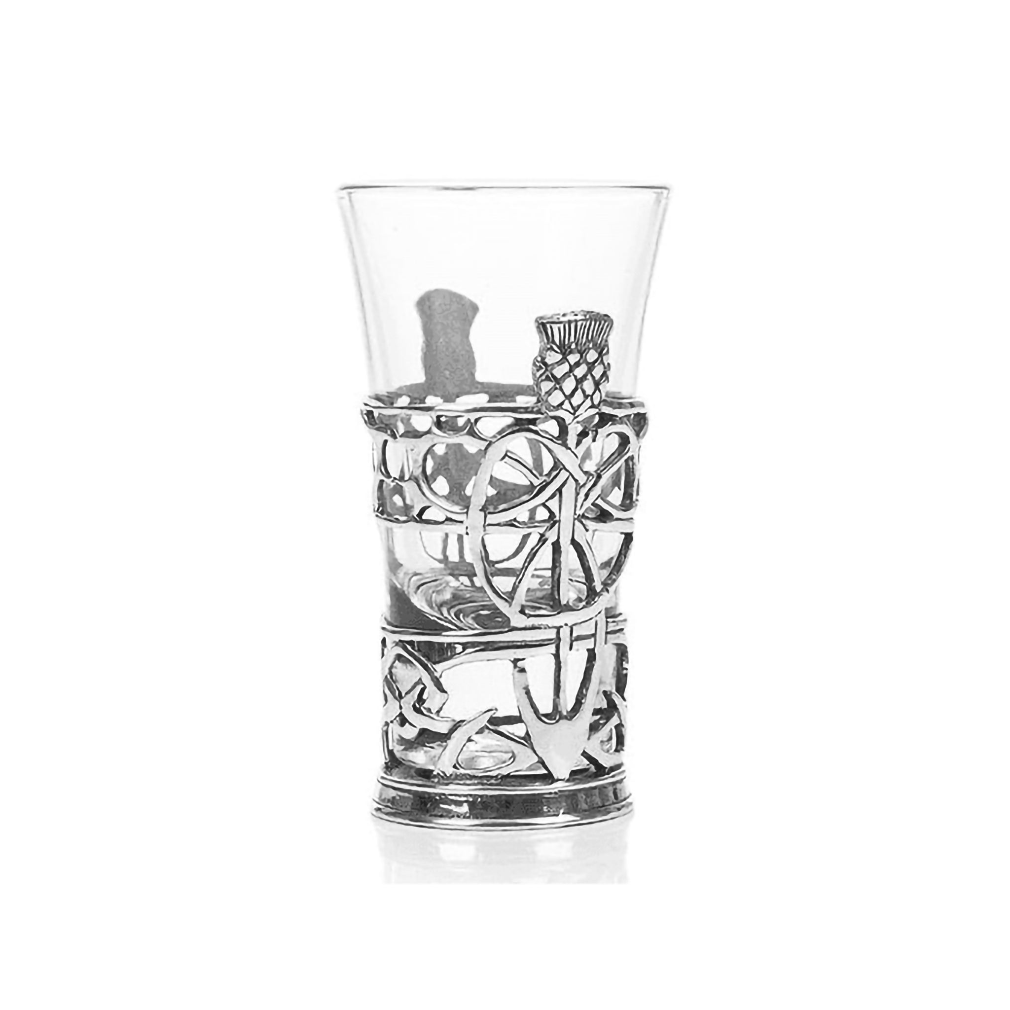 Glass shot glass with a pewter base featuring Scottish thistles and Celtic knot designs