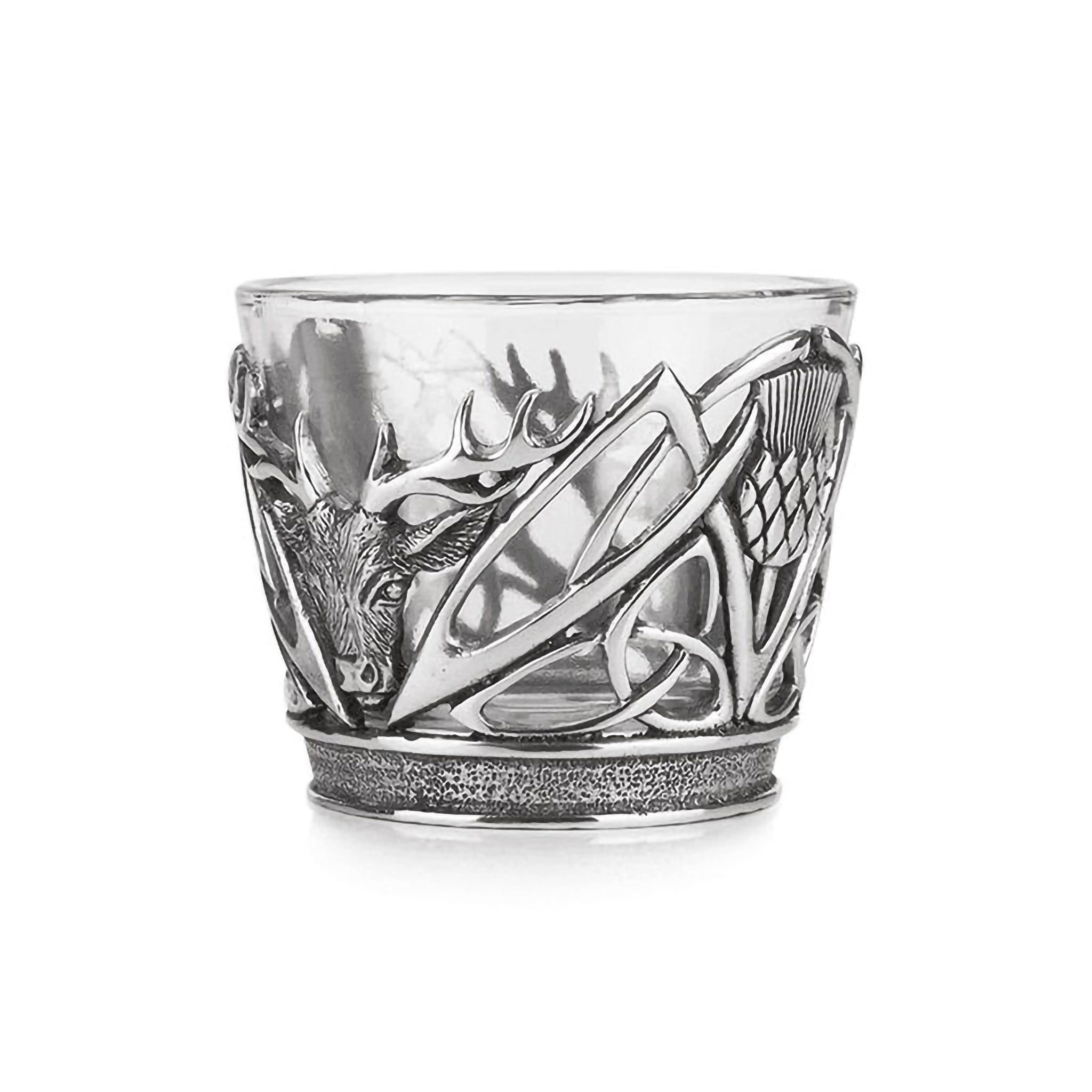 Glass tealight holder with pewter base featuring stag heads with thistles and trinity knots