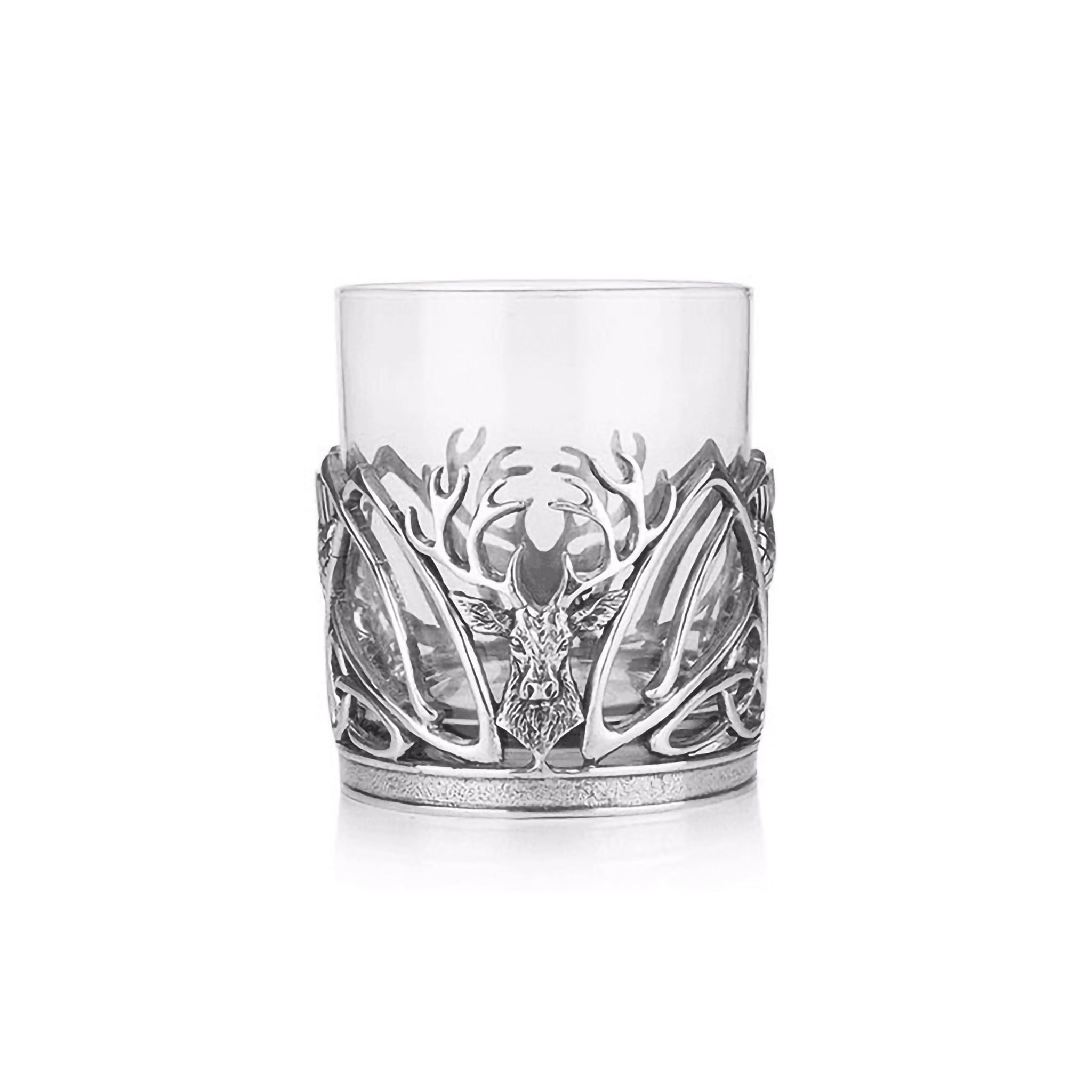 Glass whisky tumbler with a pewter base featuring stag heads with thistles and Celtic trinity knots