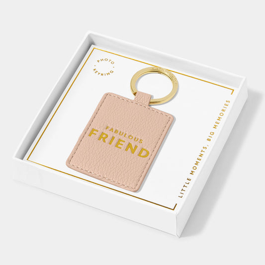 A faux leather nude pink keyring featuring the words 'Fabulous Friend' in gold lettering