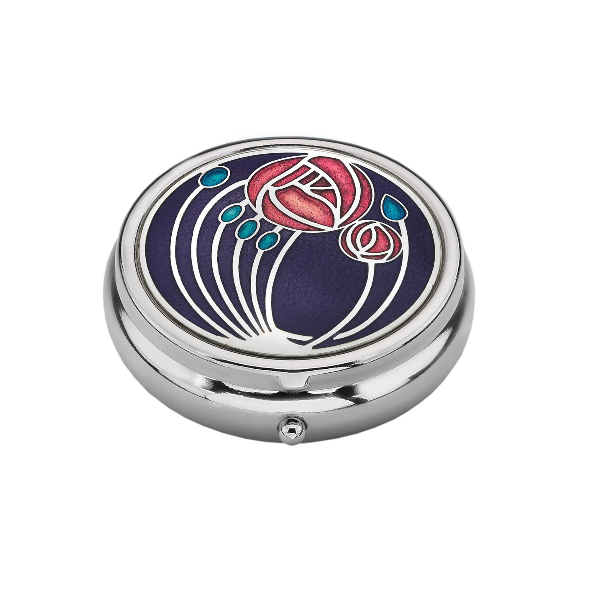 Round metal pillbox with enamel Mackintosh rose designed top in red and dark blue