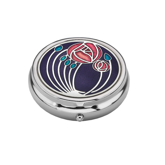 Round metal pillbox with enamel Mackintosh rose designed top in red and dark blue