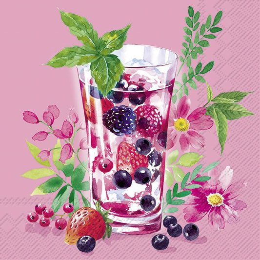 A pink napkin featuring a cocktail filled with mixed berries and surrounded by flowers