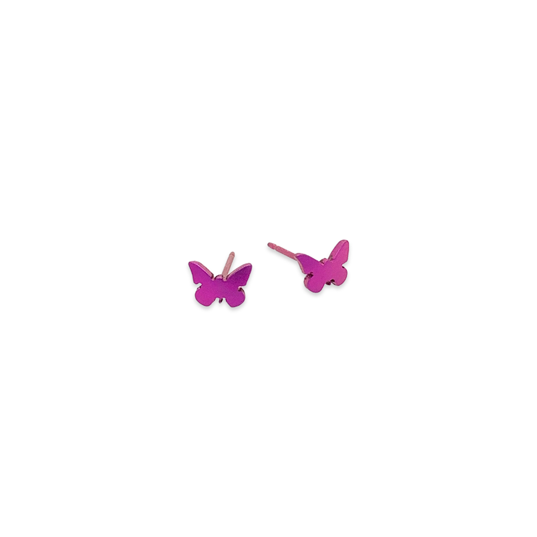 A pair of simple titanium butterfly stud earrings in bright pink colour