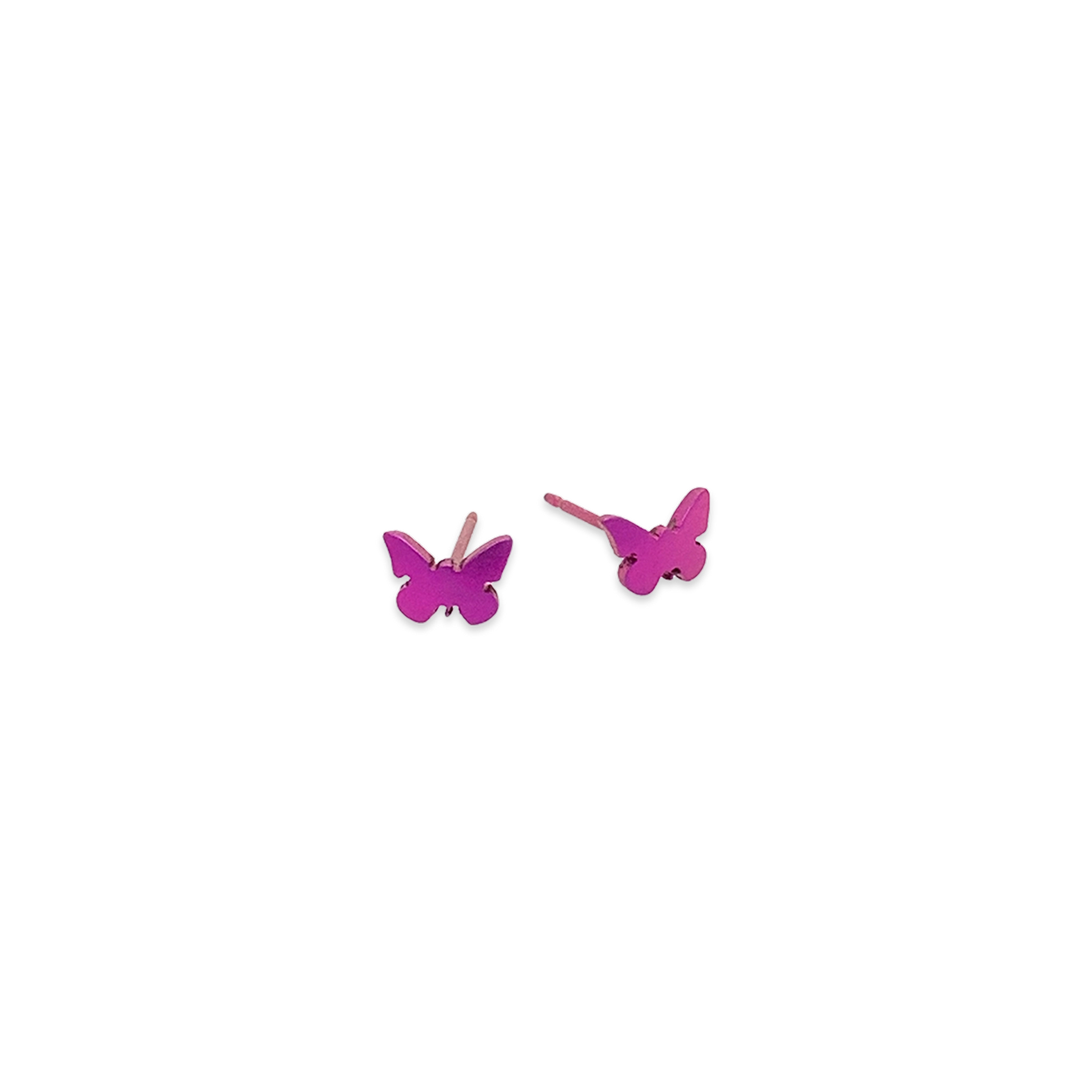 A pair of simple titanium butterfly stud earrings in bright pink colour