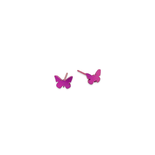 A pair of simple titanium butterfly stud earrings in bright pink colour