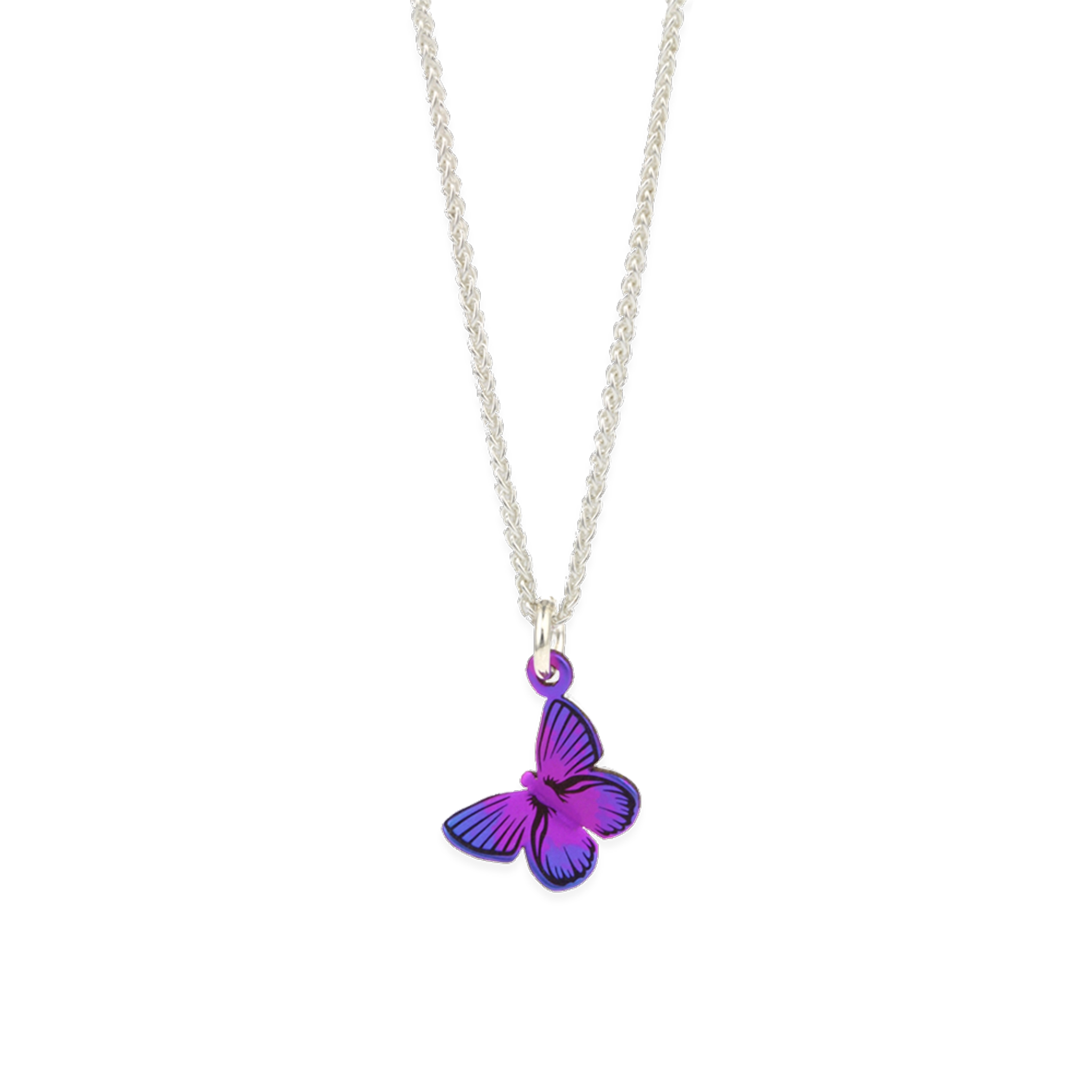 A pink butterfly pendant with black pattern details and purple wing tips on a silver chain