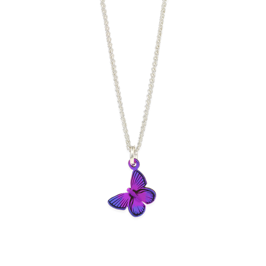 A pink butterfly pendant with black pattern details and purple wing tips on a silver chain