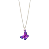 A pink butterfly pendant with black pattern details and purple wing tips on a silver chain