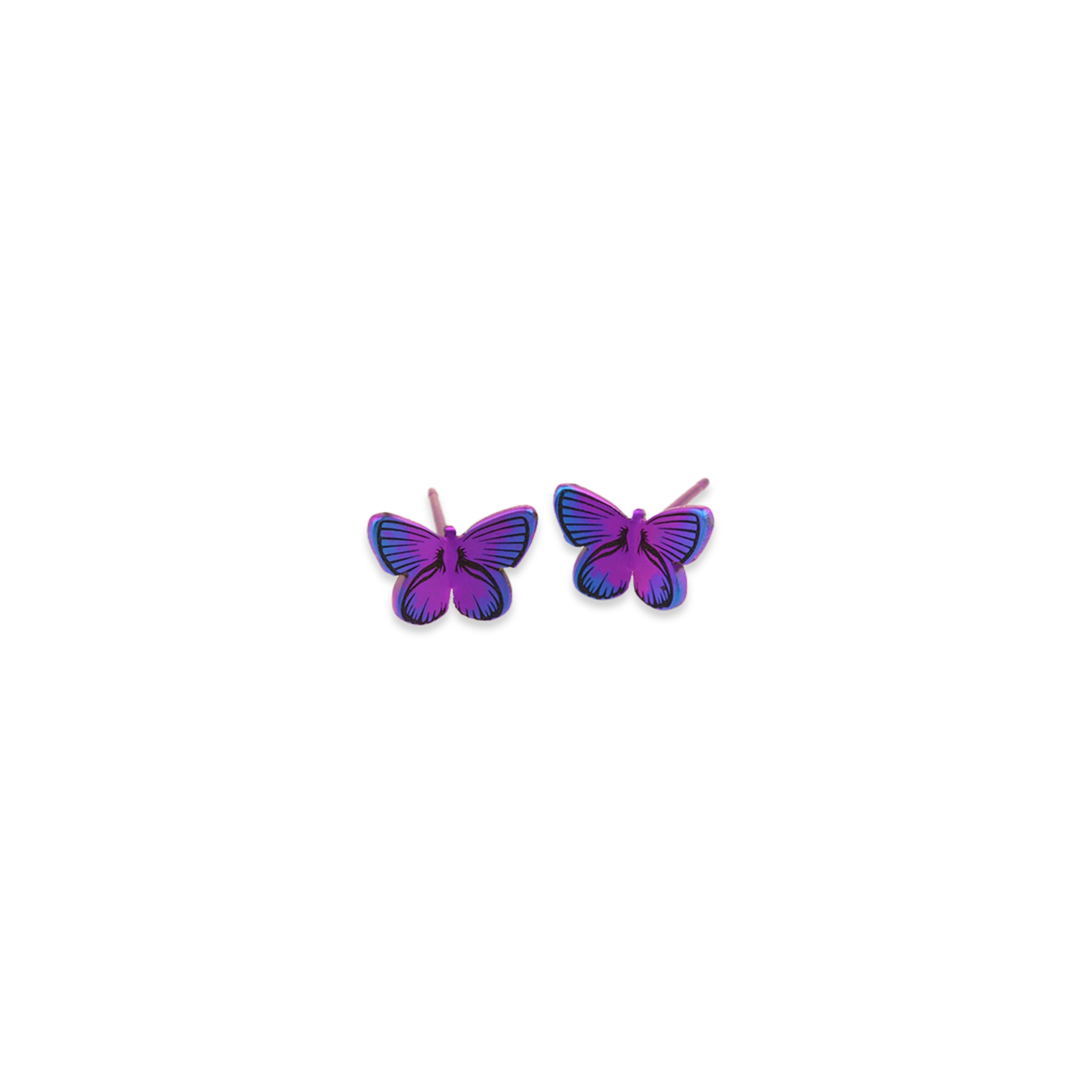 A pair of pink butterfly stud earrings with black patterns and purple wing tips 