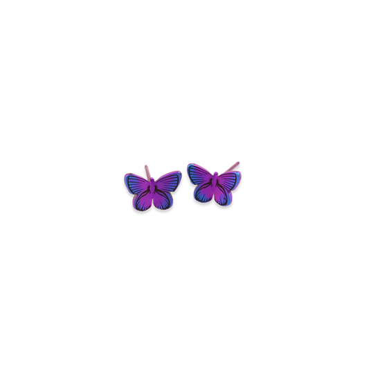 A pair of pink butterfly stud earrings with black patterns and purple wing tips 