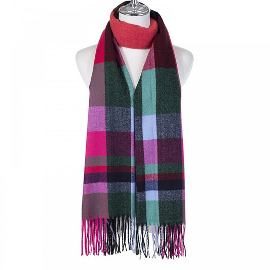 A pink green and blue check scarf with fringe trim 