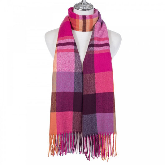 A pink orange and blue check scarf with fringe trim 