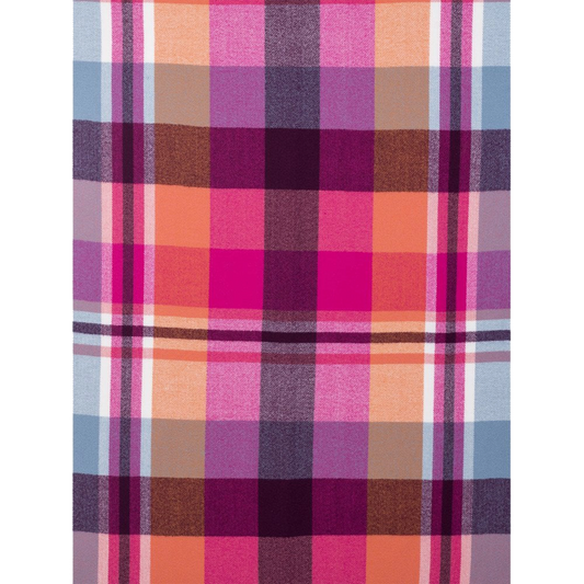 A pink orange and blue check scarf