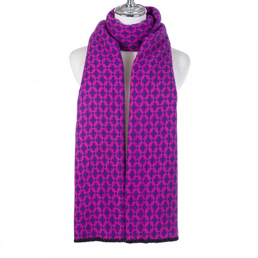 A geometric patterned pink and purple cross design scarf