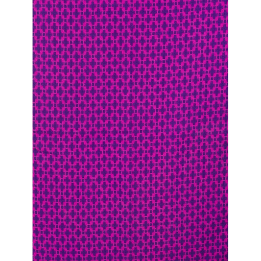 A geometric patterned pink and purple cross design scarf detail