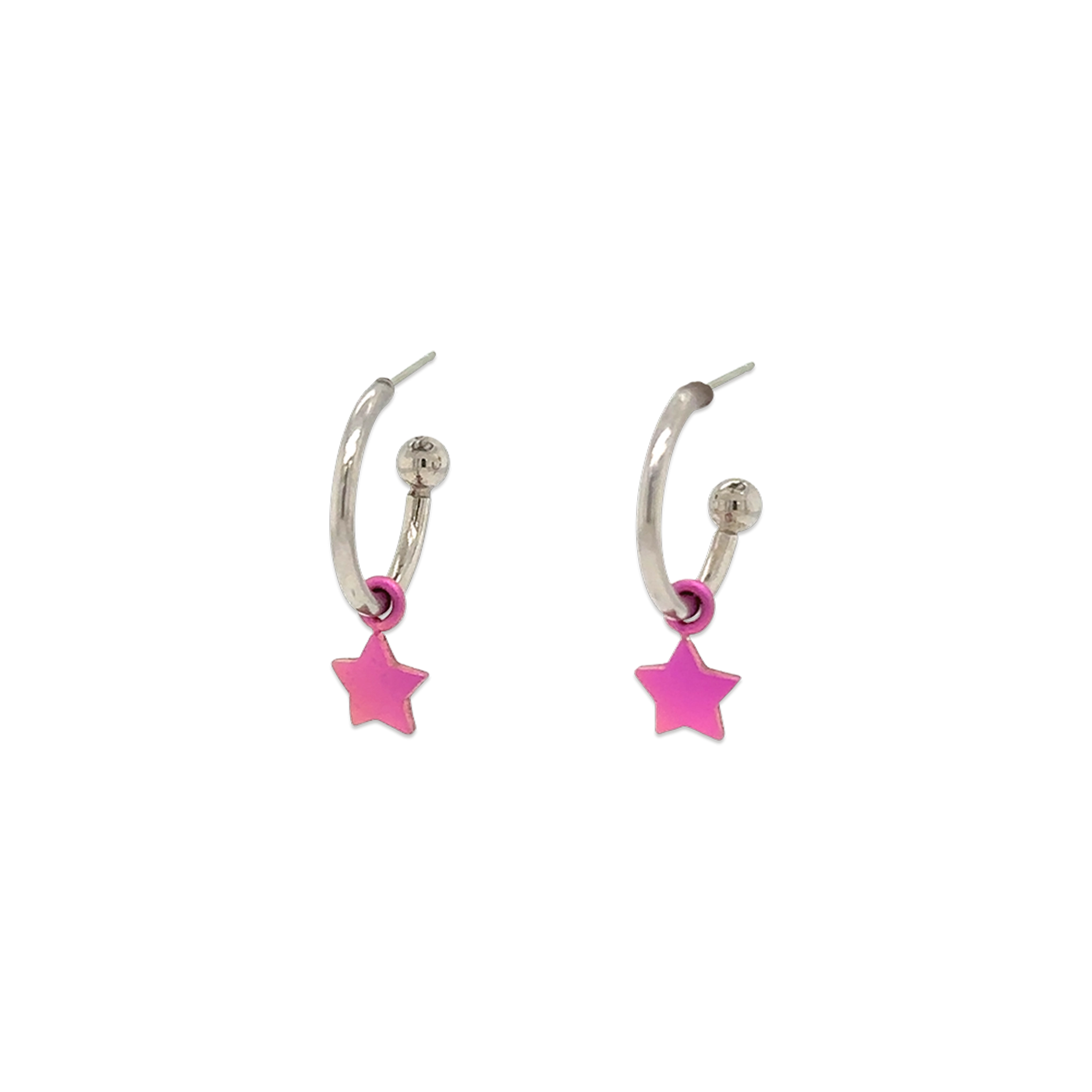 A pair of titanium hoop earrings in a steel colour with bright pink star shaped drops