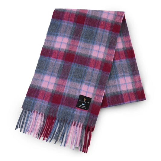 A light pink and blue tartan wool scarf with fringe