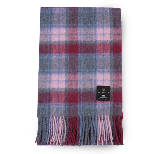 A light pink and blue tartan wool scarf with fringe