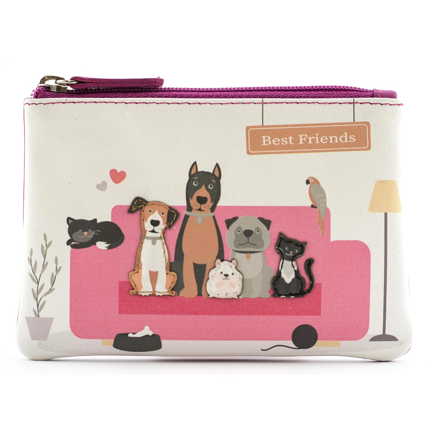 Leather purse with zip top, pink details, and an applique detailed print featuring animals on a sofa