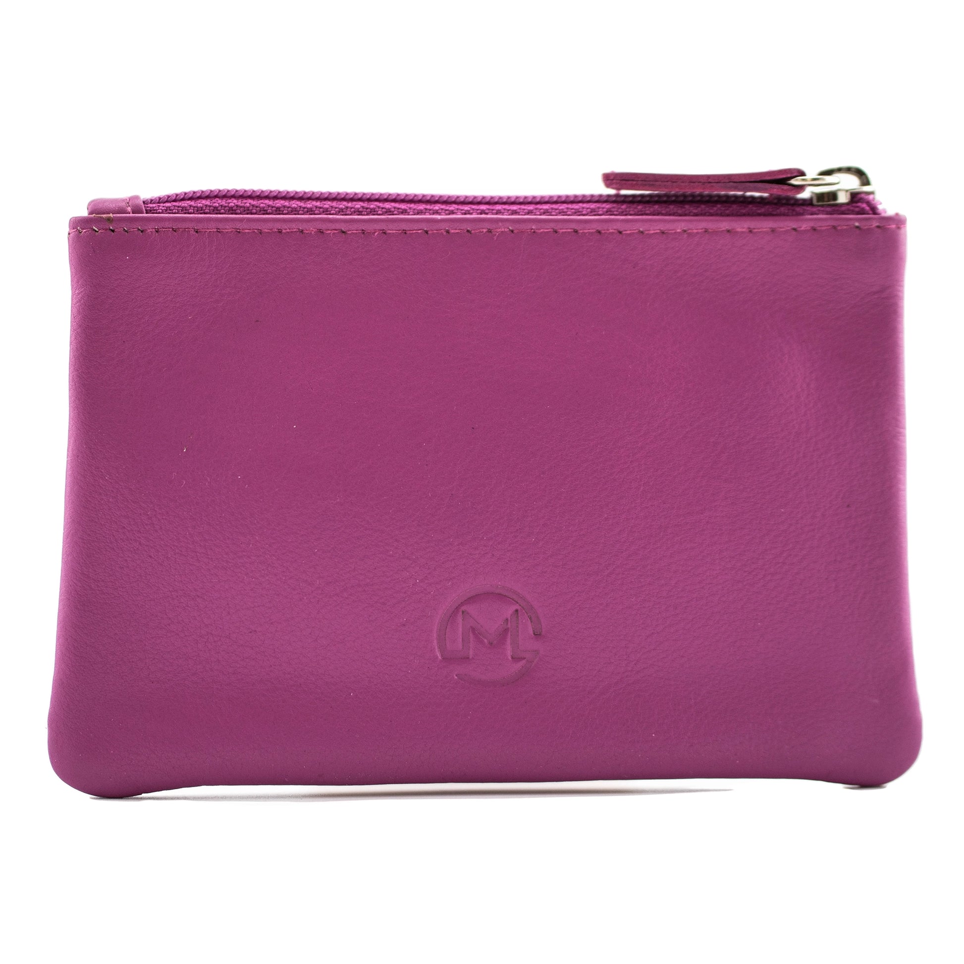 Pink leather coin purse with zip top and embossed Mala logo