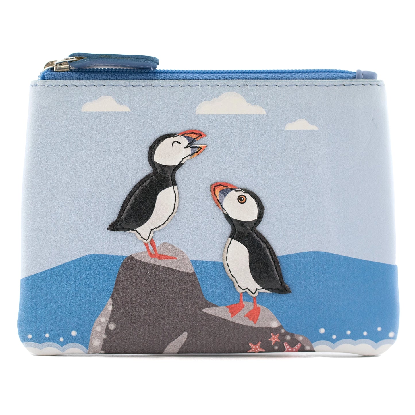 Blue leather coin purse with zip top and applique Puffins on a printed coastal scene