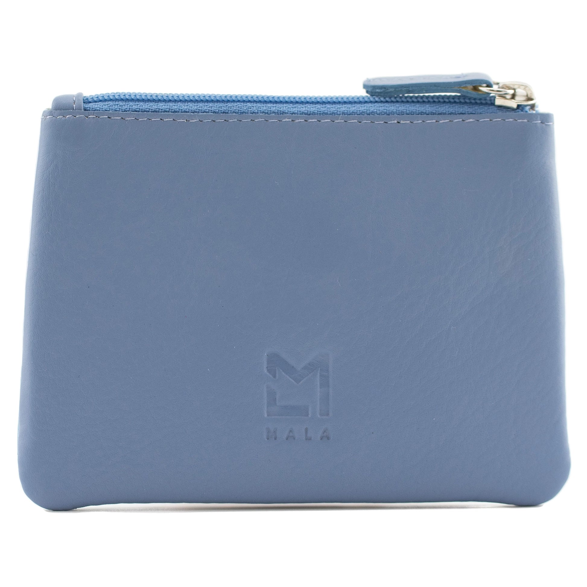 Back of blue leather coin purse with zip top and embossed Mala logo