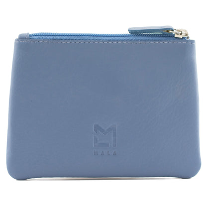 Back of blue leather coin purse with zip top and embossed Mala logo