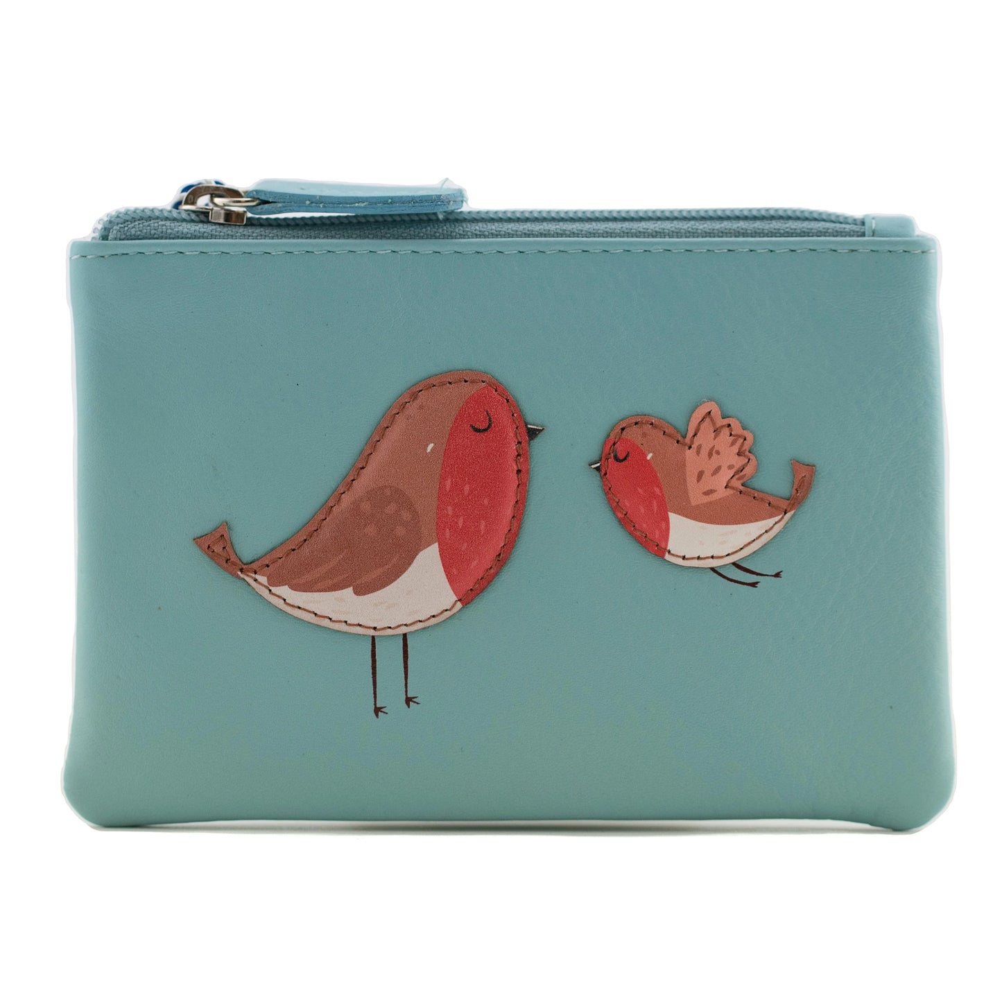 Teal zip top leather coin purse with applique robin design