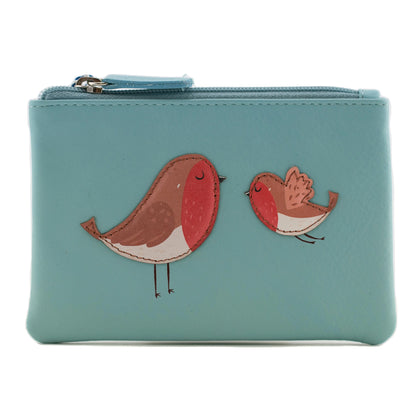 Teal zip top leather coin purse with applique robin design