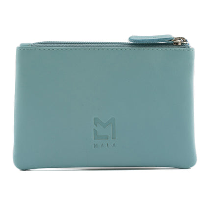 Teal zip top leather coin purse in teal with Mala logo