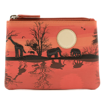 Orange leather coin purse featuring a sunset on the Savannah design with applique African animals 