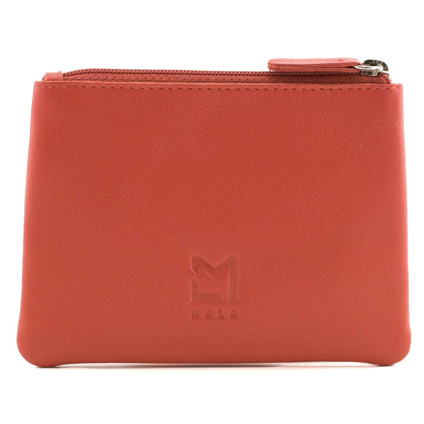 Orange leather coin purse with zip top and embossed Mala logo