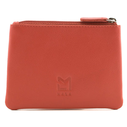 Orange leather coin purse with zip top and embossed Mala logo