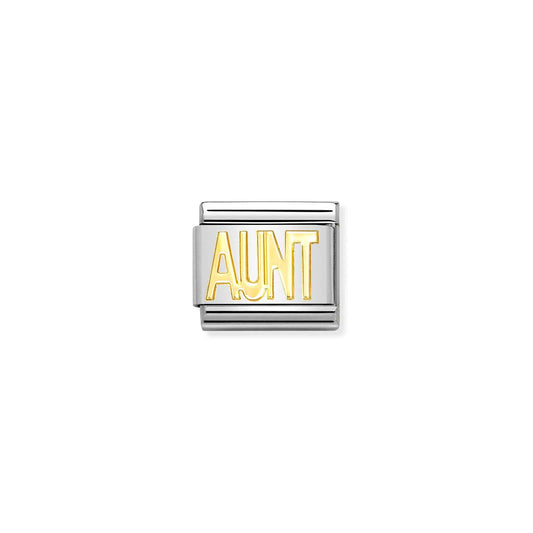 A Nomination charm link featuring the word 'AUNT' in all capitals and plain gold