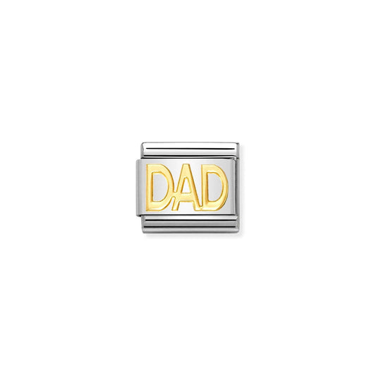 A Nomination charm featuring the word 'DAD' in all capitals and plain gold