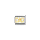 A Nomination charm featuring the word 'DAD' in all capitals and plain gold