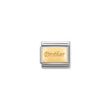 A Nomination charm link featuring a plain gold plaque engraved with the word 'brother'