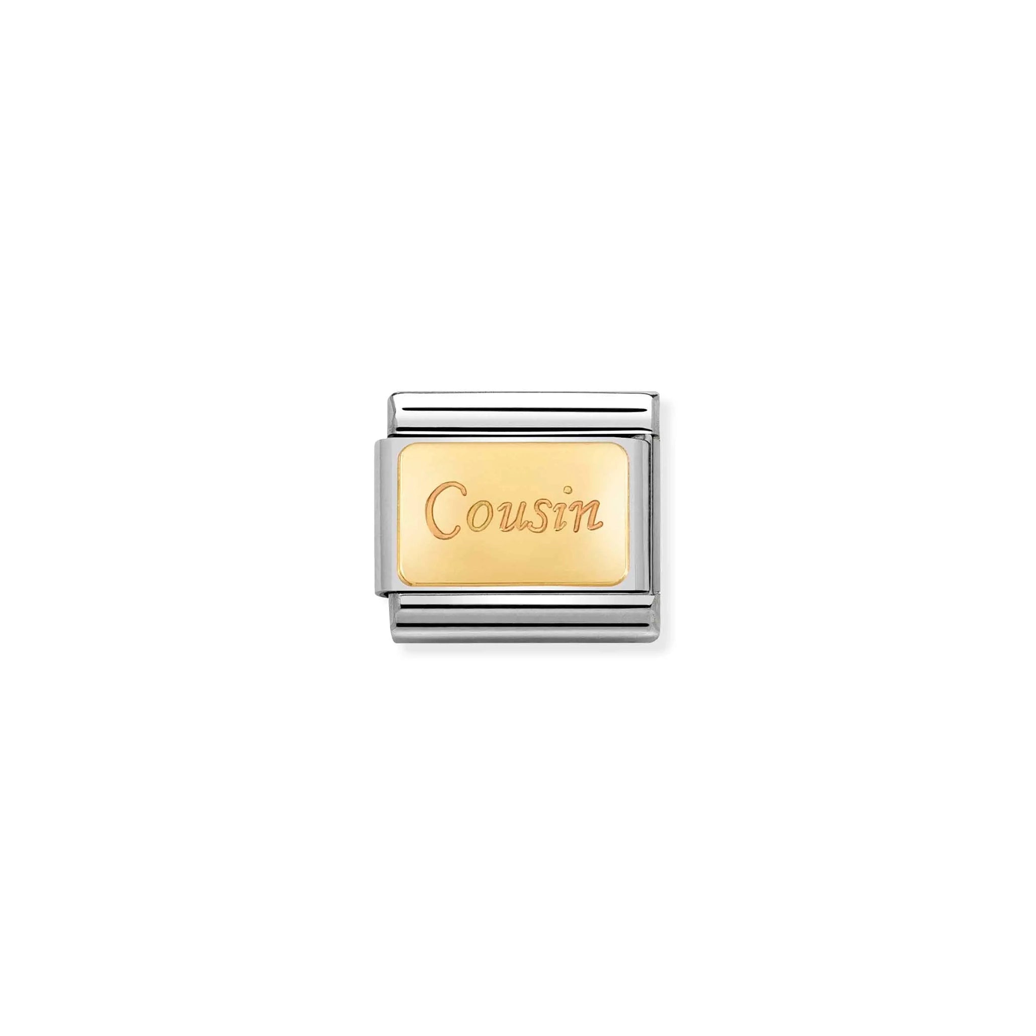 A Nomination charm link with plain gold plaque engraved with the word 'cousin'