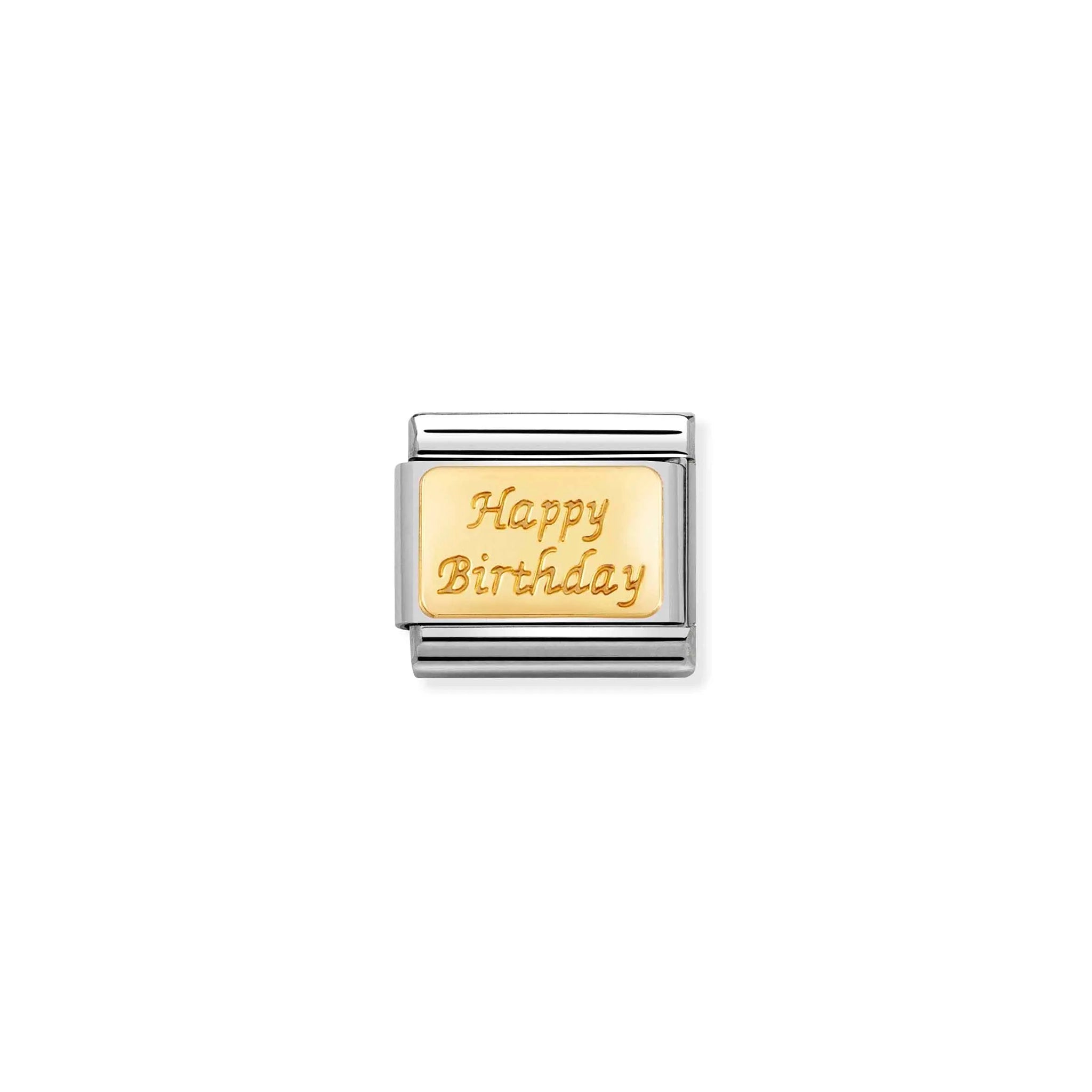 A Nomination charm link featuring a plain gold plaque engraved with the words 'Happy Birthday;