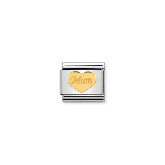 A Nomination charm featuring a gold heart engraved with mum