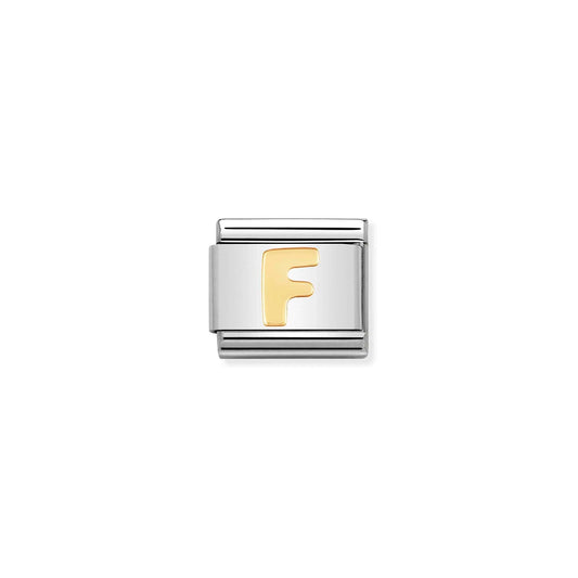 A Nomination charm link featuring the letter 'F' in plain gold