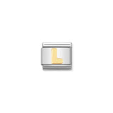 A Nomination charm link featuring a plain gold letter 'L'