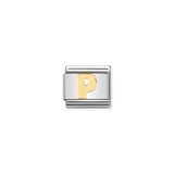 A Nomination charm link featuring a plain gold letter 'P'