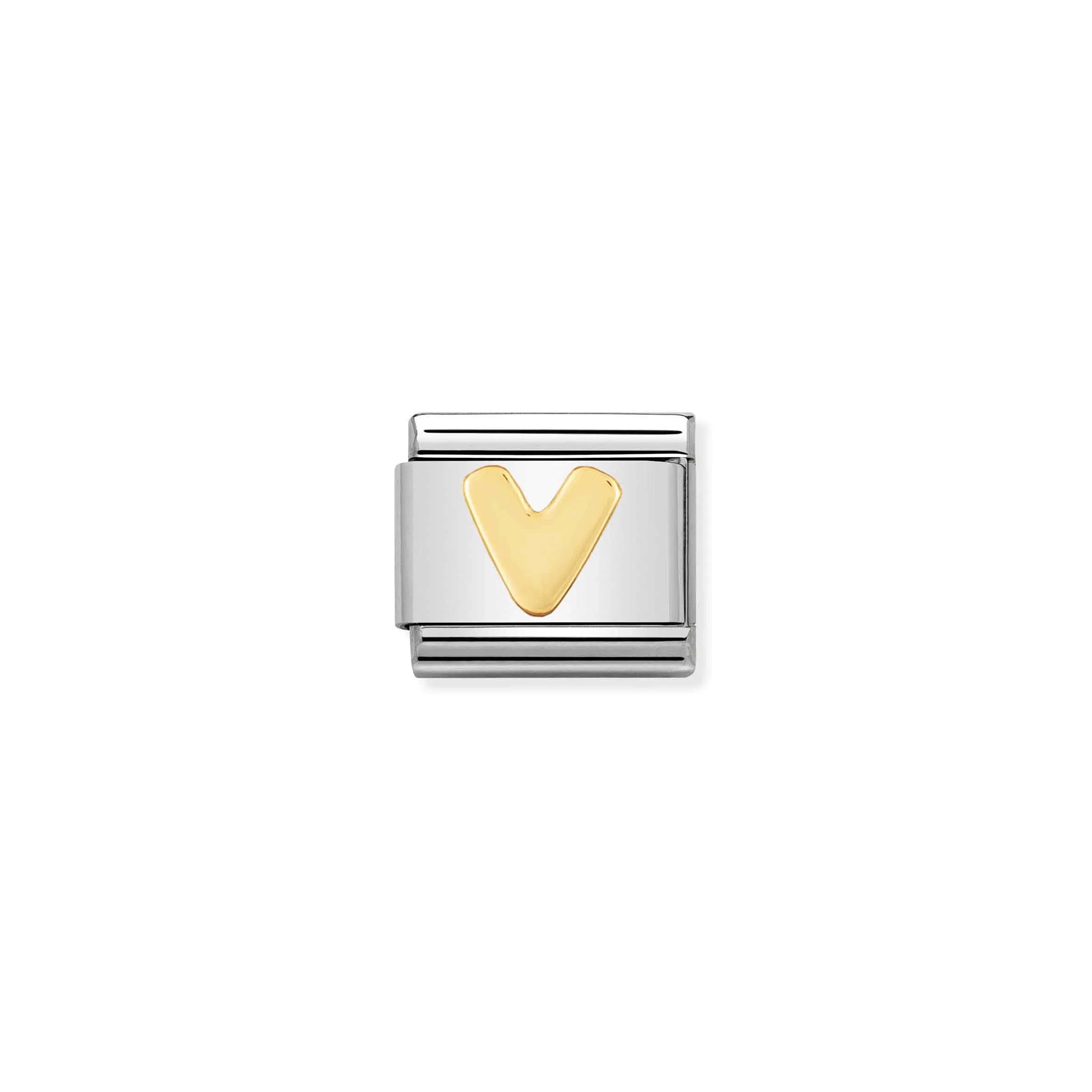 A Nomination charm link featuring a gold letter 'V'