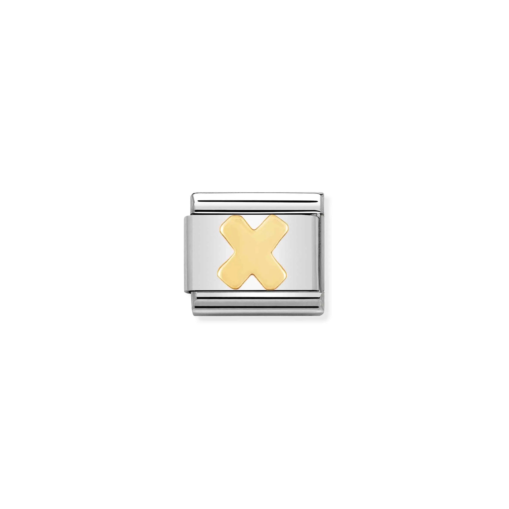 A Nomination charm featuring a gold letter 'X'