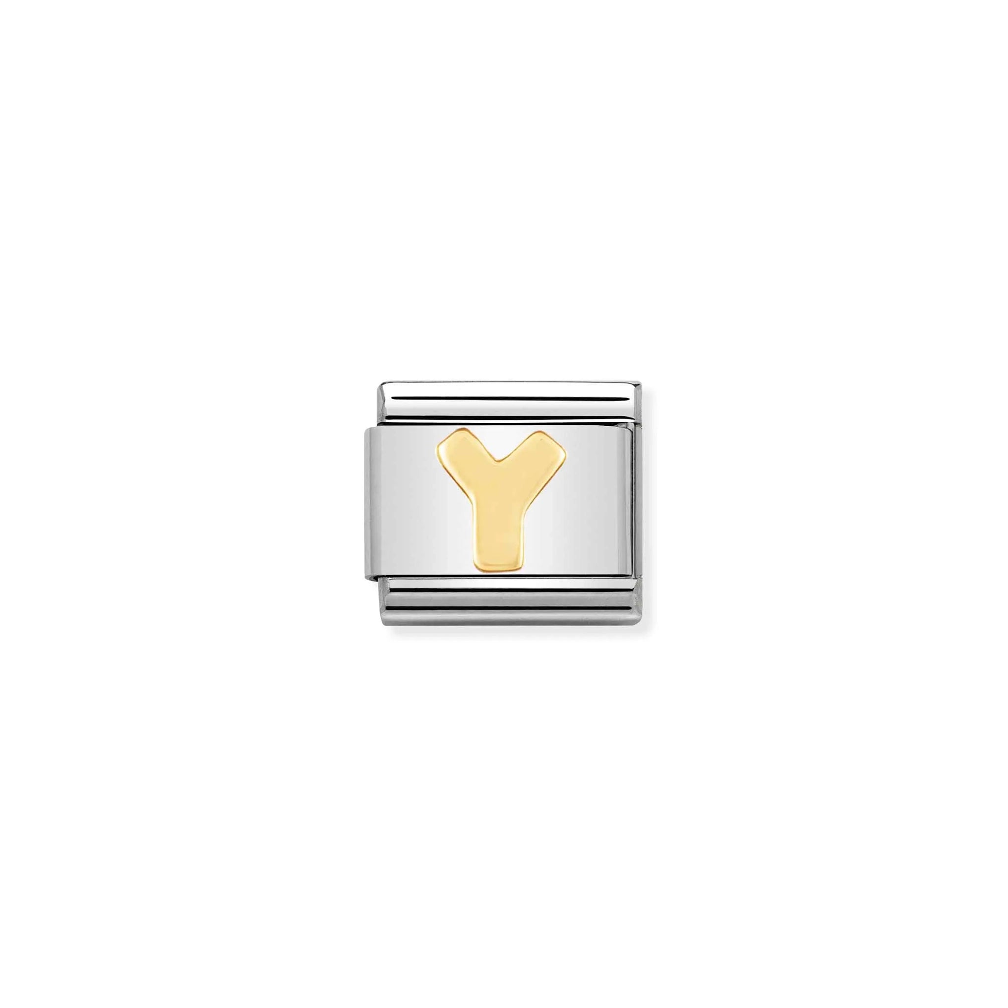 A Nomination charm link featuring a gold letter 'Y'