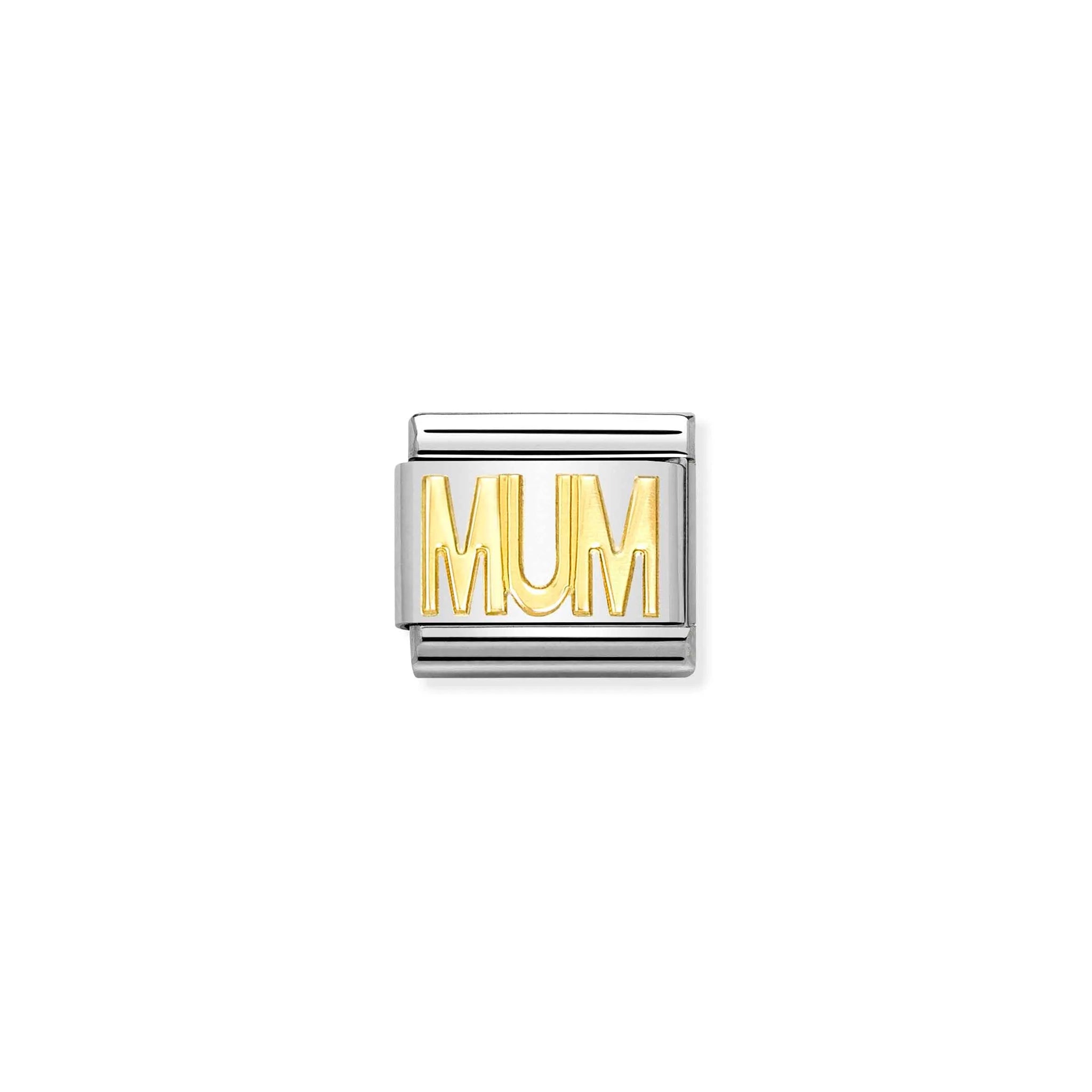 A Nomination charm link featuring the word 'MUM' in plain gold capital letters