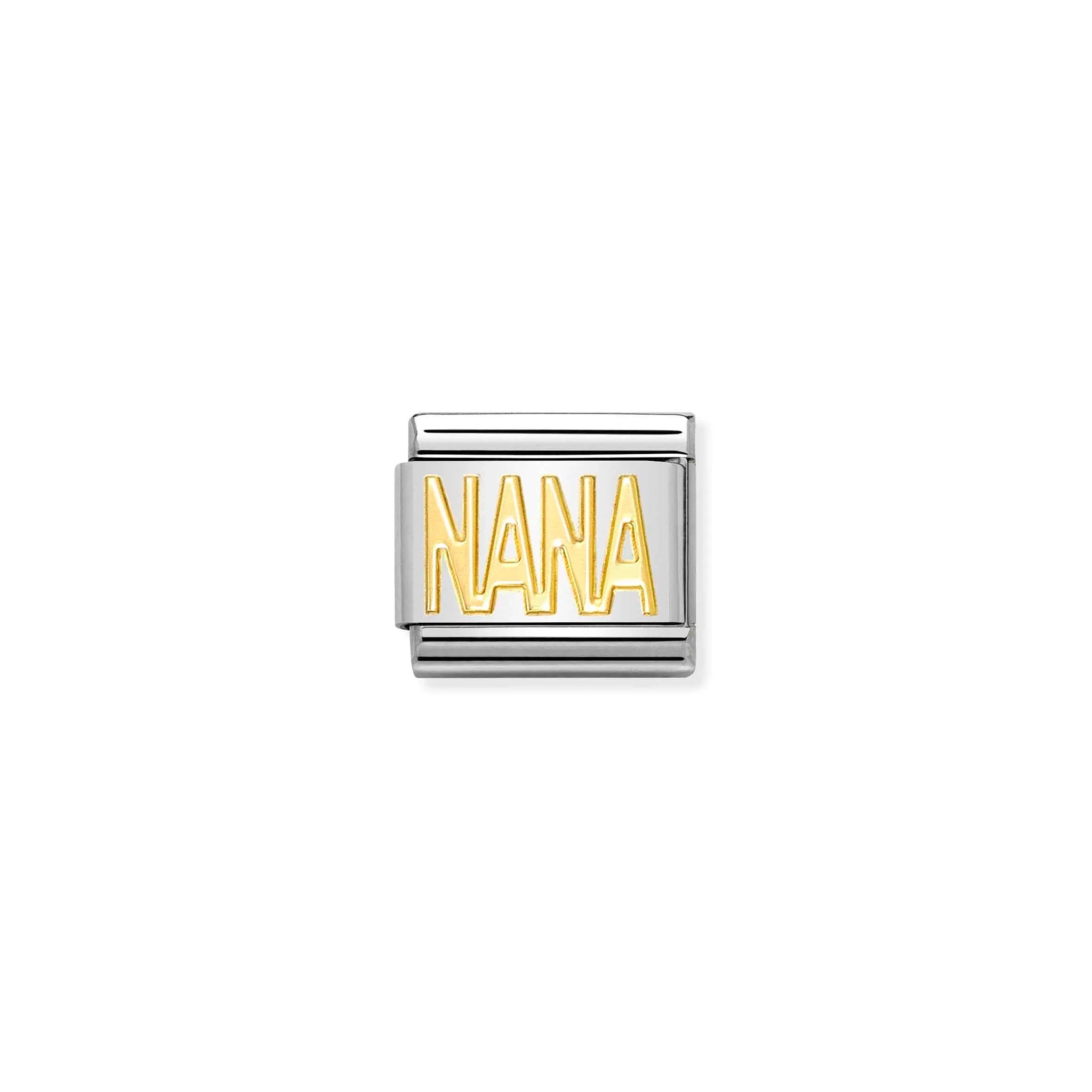 A Nomination charm link featuring the word 'NANA' in plain gold capital letters